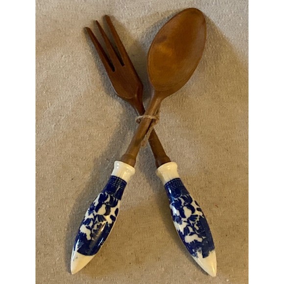 Ceramic Handles Delft Wood salad Set - Picture 1 of 6